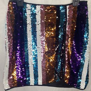 JUN & IVY Skirt Sequin Striped Mini Vibrant Rainbow Party Club Date Womens L